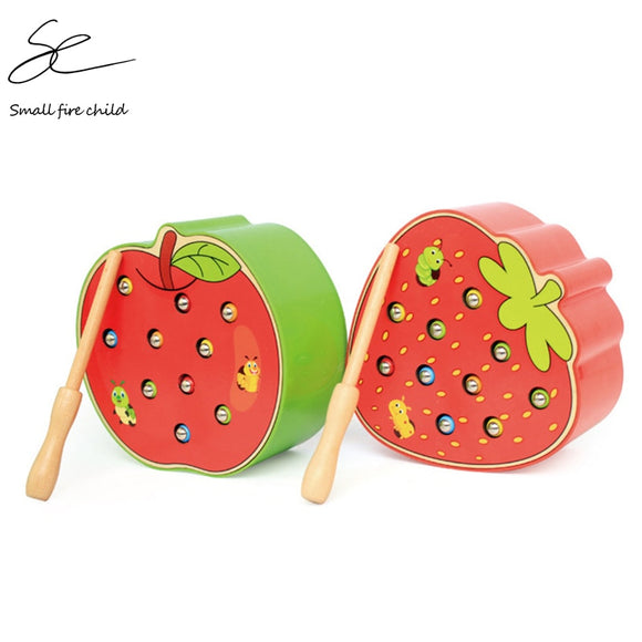 Baby Wooden Toys 3D Puzzle Early Childhood Educational Toys Catch Worm Game Color Cognitive Magnetic Strawberry Apple